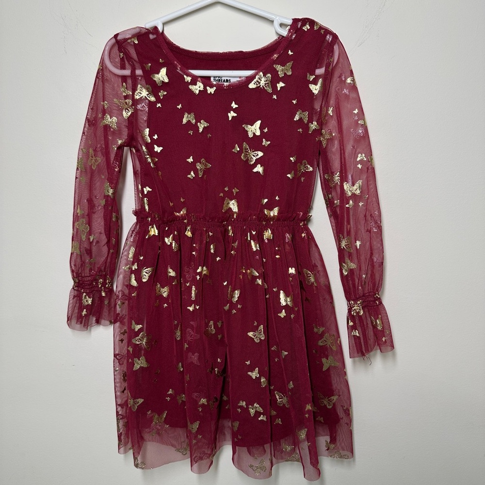 Girls Burgundy Dress with Gold Butterfly Accents